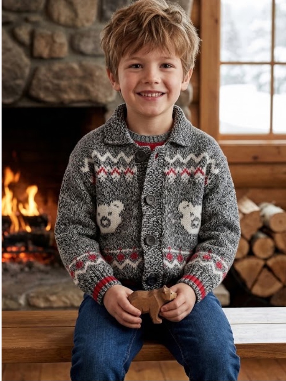 Kids Grey Polar Bear Knit Cardigan with Red Trim